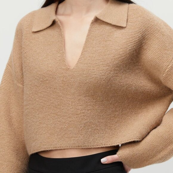 Oak + Fort cropped knit sweater with collar, Beige, size S - Picture 2 of 6